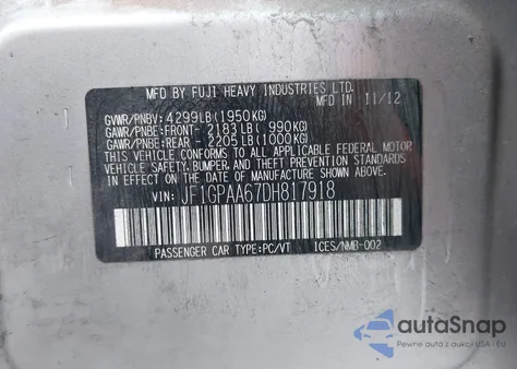 2013 Subaru Impreza 2.0I from USA, damaged, VIN JF1GPAA67DH817918